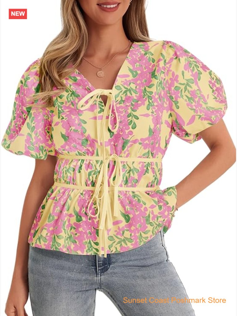 Puff Sleeve Tie Front Peplum Blouse Floral Print Babydoll Top